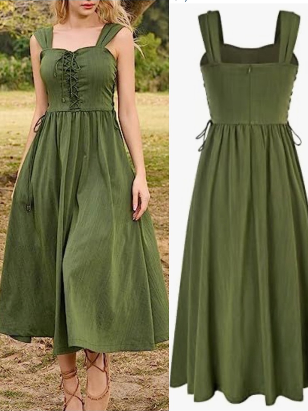 Scarlet Darkness Renaissance Medieval Fairy Midi Dress Lace Up Olive Green